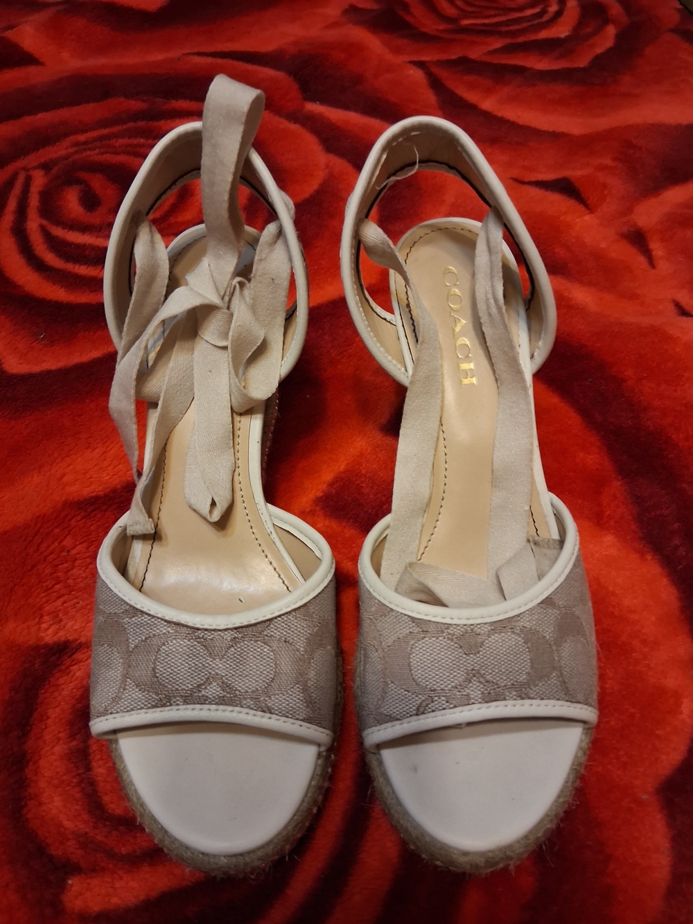 Coach Beige Signature Espadrille Wedge Sandals with Ankle Tie